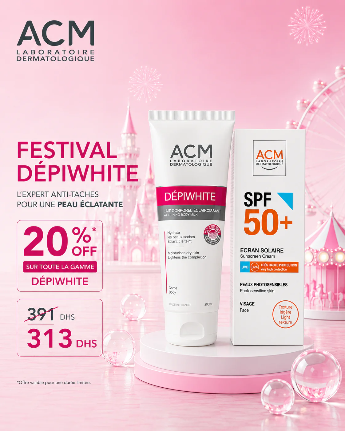 ACM Depiwhite Lait Éclaircissant Corporel Hydratant Unifiant Taches Corps  = CREME SOLAIRE SPF 50+
