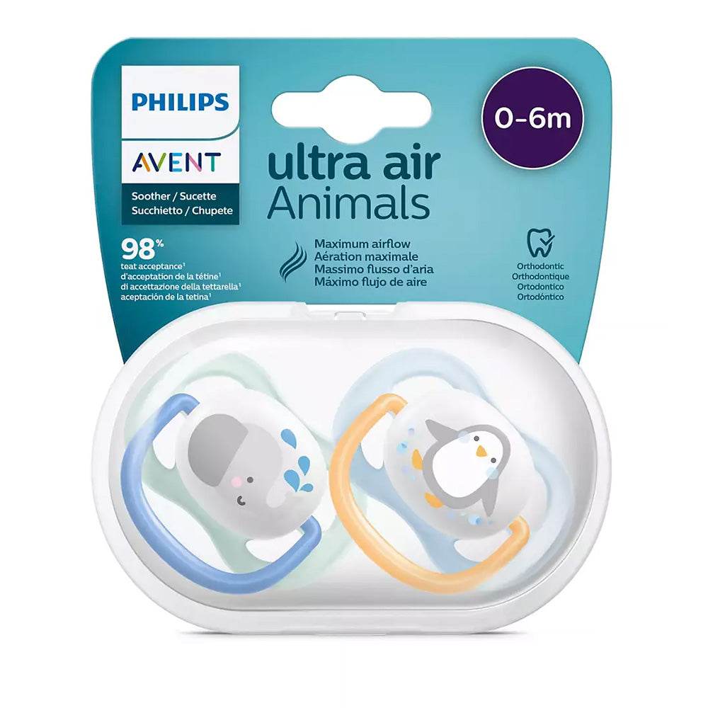 AVENT Sucettes Orthodontiques 0-6m Garçon SCF080/05 Ultra Air Éléphant Pingouin