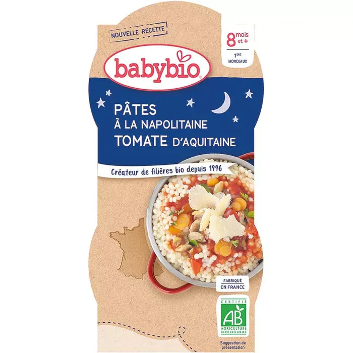 BABYBIO Bol Bonne Nuit Pâtes Napolitaines Bio 2x200g Repas Bébé Dès 8 Mois Légumes Biologiques