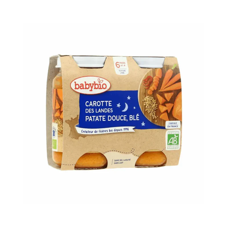 BABYBIO Bonne Nuit Carotte Patate Douce et Blé 2x200g Bio Plat Bébé Dès 6 Mois Alimentation Infantile