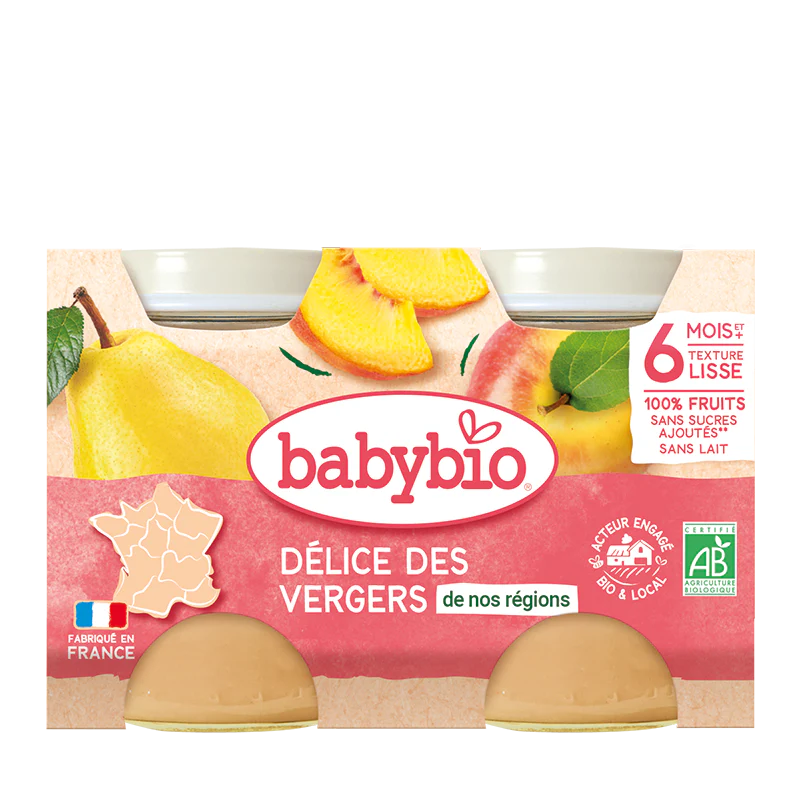 BABYBIO Petit Pot Délice des Vergers Bio 2x130g Compote Fruits Bébé Dès 4 Mois Fruits Biologiques