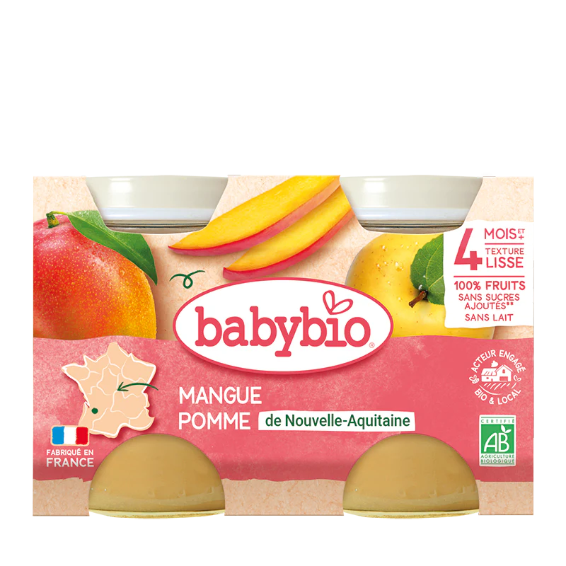 BABYBIO Petit Pot Mangue Pomme 2x130g Bio Fruits Bébé Dès 6 Mois Alimentation Infantile