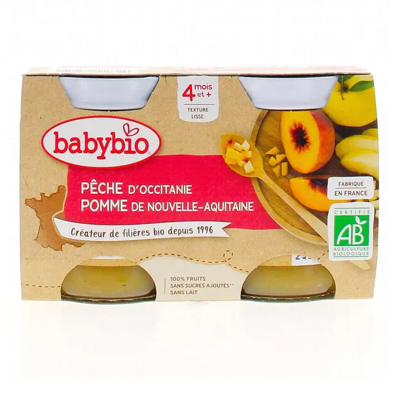 BABYBIO Petit Pot Pêche Bio 2x130g Compote Fruits Bébé Dès 4 Mois Fruits Biologiques Sans Sucres Ajoutés