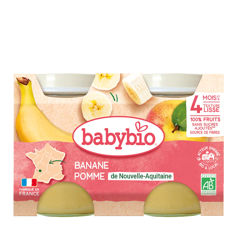 BABYBIO Petit Pot Pomme Banane Bio 2x130g Compote Fruits Bébé Dès 4 Mois Fruits Biologiques Sans Sucres Ajoutés