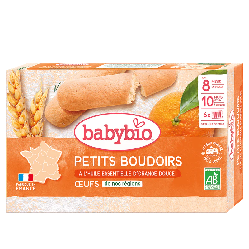 BABYBIO Petits Boudoirs à l'Huile Essentielle d'Orange Douce Bio 120g Biscuits Bébé Dès 10 Mois Dentition