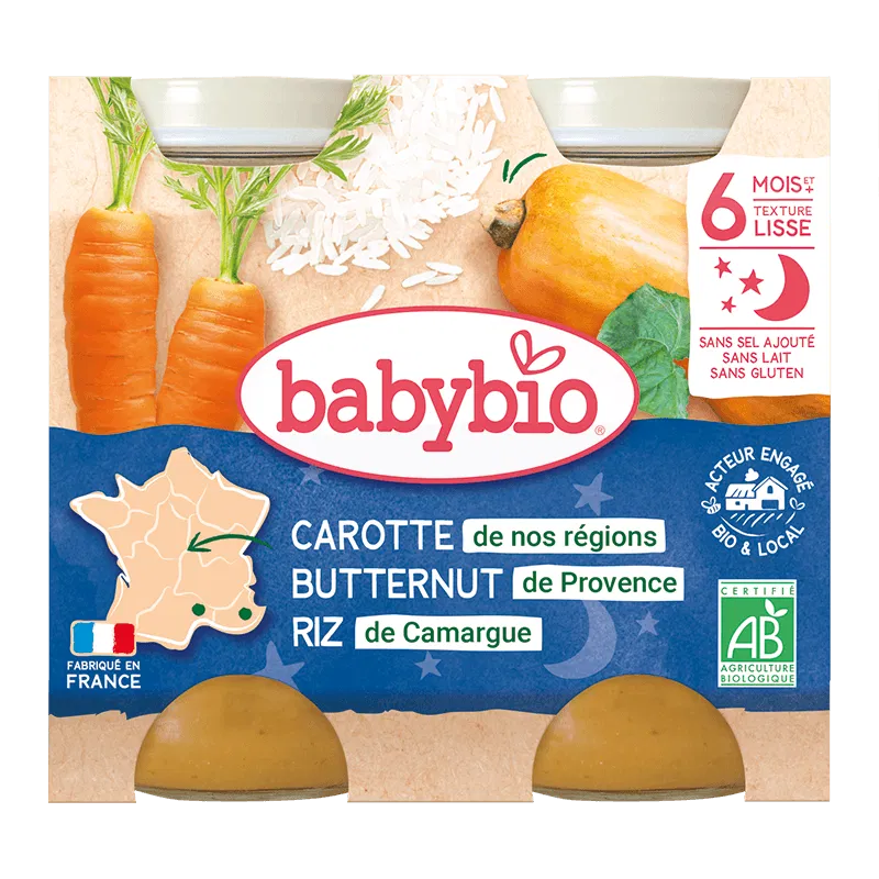 BABYBIO Bol Bonne Nuit Carotte Courge Butternut Riz Bio 2x200g Repas Bébé Dès 8 Mois Légumes Biologiques