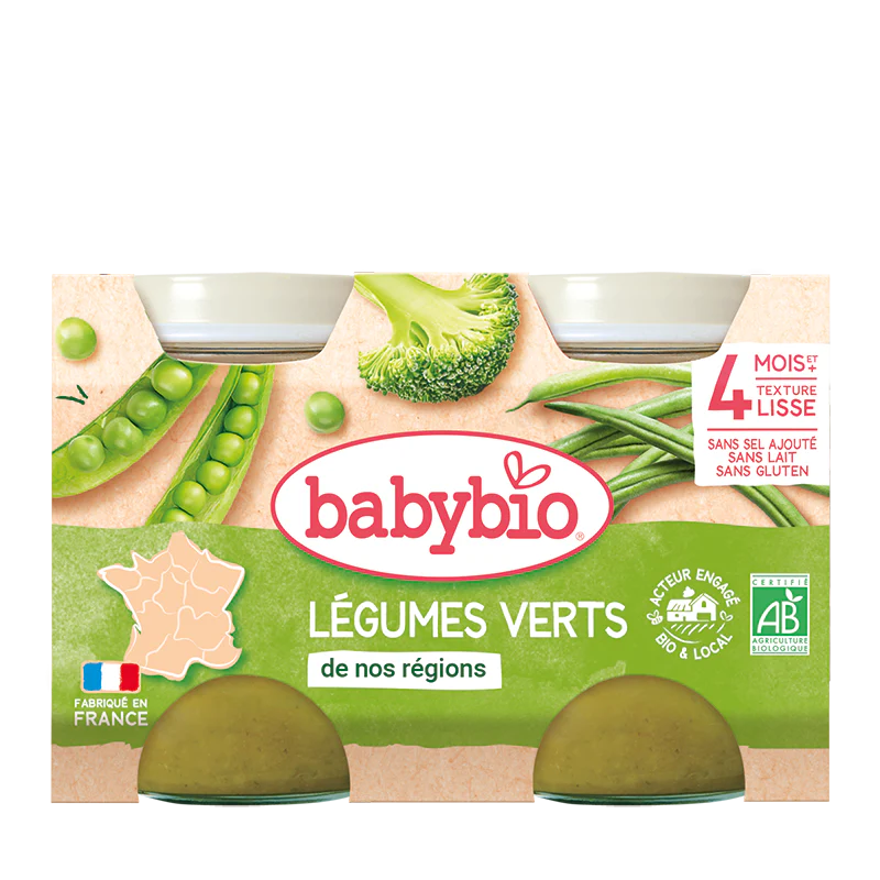 BABYBIO Pot Légumes Verts Bio 2x130g Purée Bébé Dès 4 Mois Légumes Biologiques Sans Sel Ajouté
