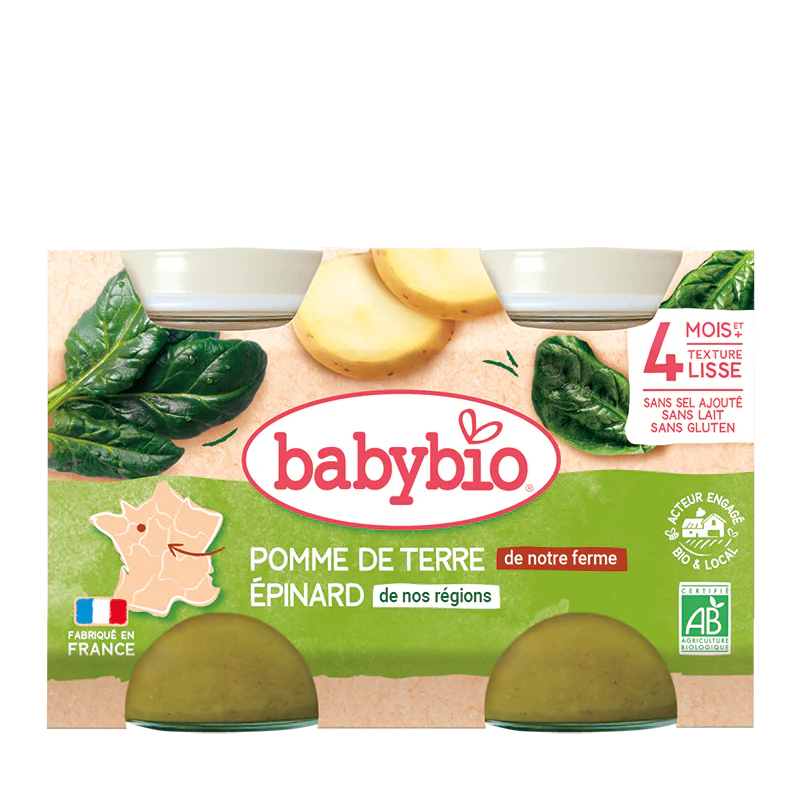 BABYBIO Pot Pomme de Terre Épinard Bio 2x130g Purée Bébé Dès 4 Mois Légumes Biologiques Sans Sel Ajouté