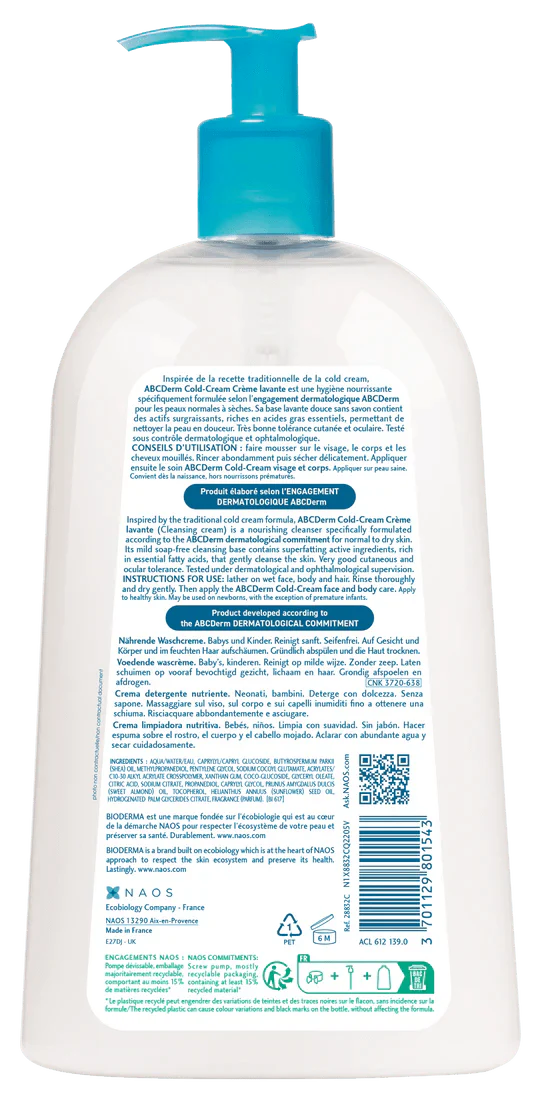 BIODERMA ABCDerm Cold-Cream Crème Lavante 1L - Nettoyant Surgras Bébés Format Familial - Image 2
