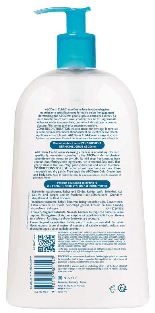 BIODERMA ABCDerm Cold-Cream Crème Lavante 1L - Nettoyant Surgras Bébés Format Familial - Image 3