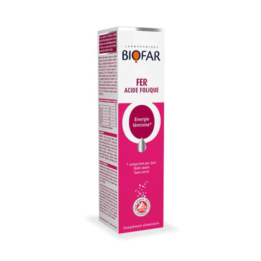 BIOFAR Fer Acide Folique 20 Comprimés Sulfate Ferreux Vitamine B9 Anémie Grossesse Vitalité Femme