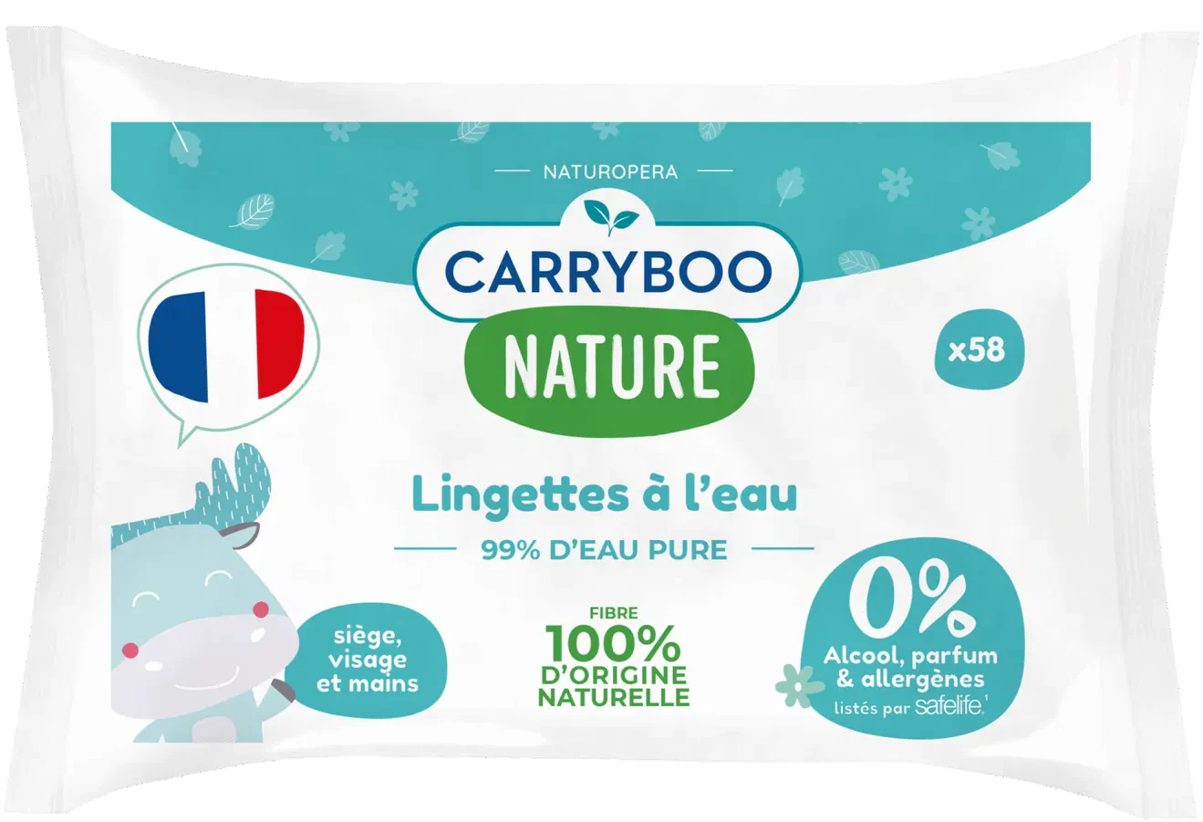CARRYBOO Lingettes À L'Eau Pure Calendula 58 Pièces Bébé Naturelles Peaux Sensibles