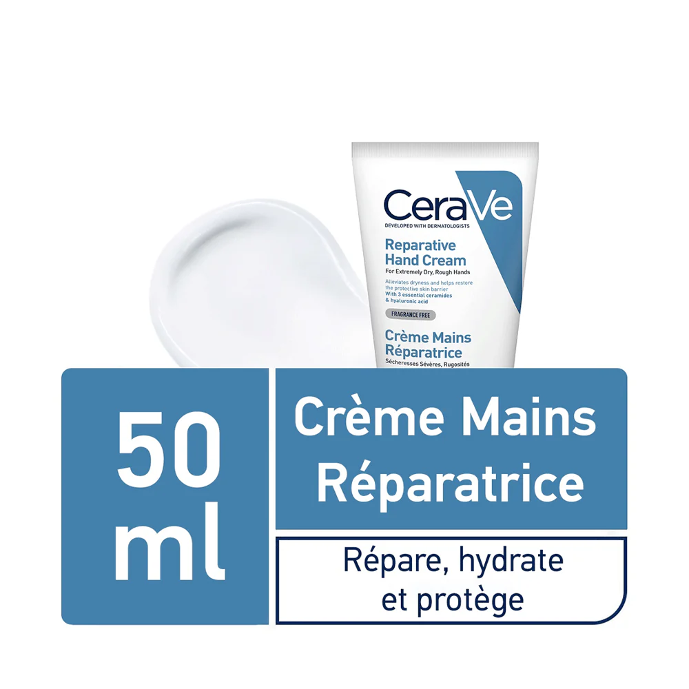 CERAVE Crème Mains Réparatrice 50ml Hydratation Intensive 3 Céramides Acide Hyaluronique Mains Sèches Absorption Rapide