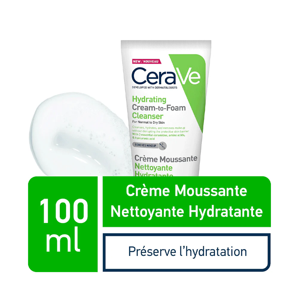 CERAVE Crème Moussante Nettoyante Hydratante Démaquillage Doux 3 Céramides Acide Hyaluronique Peaux Sèches