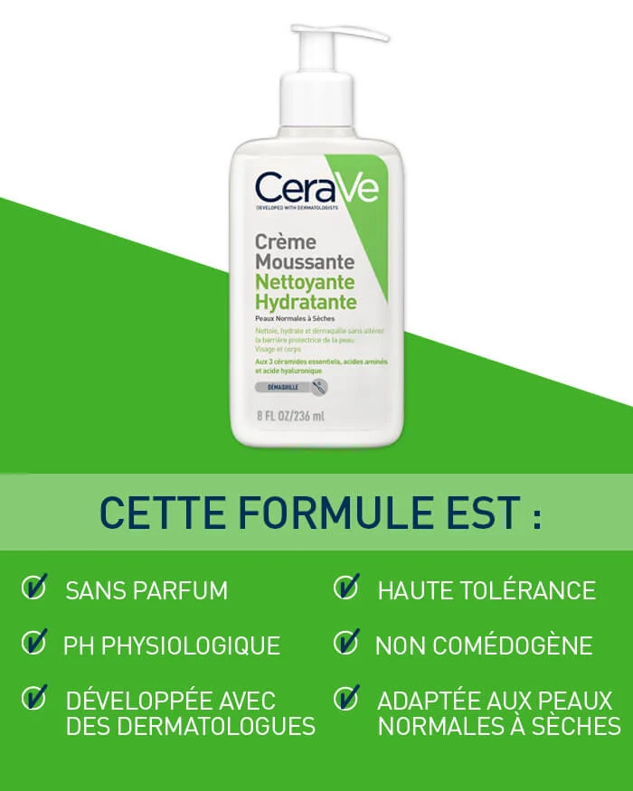 CERAVE Crème Moussante Nettoyante Hydratante Démaquillage Doux 3 Céramides Acide Hyaluronique Peaux Sèches - Image 6