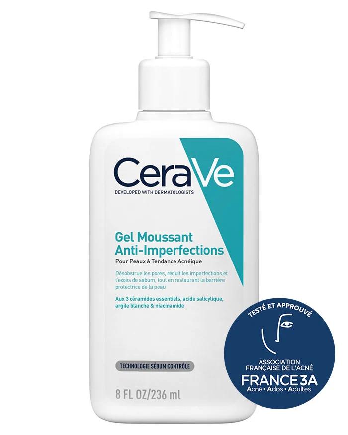 CERAVE Gel Moussant Anti-Imperfections 236ml Acide Salicylique 2% Niacinamide Céramides Purification Peaux Acnéiques Boutons Points Noirs