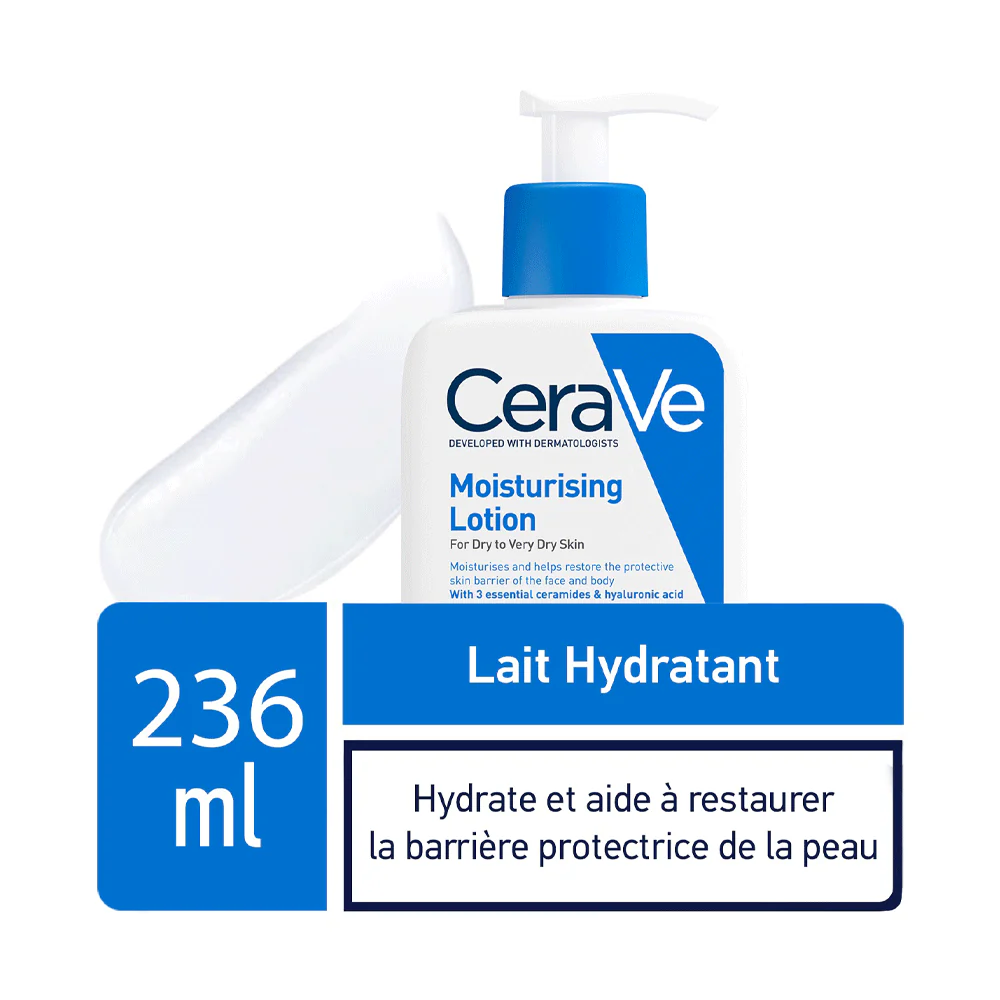 CERAVE Lait Hydratant Corps Texture Fluide Hydratation 24H Céramides Acide Hyaluronique Technologie MVE Absorption Rapide Peau Normale Sèche