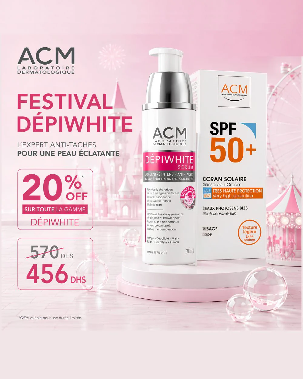 ACM DÉPIWHITE Sérum Concentré Intensif Anti-Taches 30ml Éclaircissant Lumineux Hyperpigmentation + Écran Solaire SPF50+