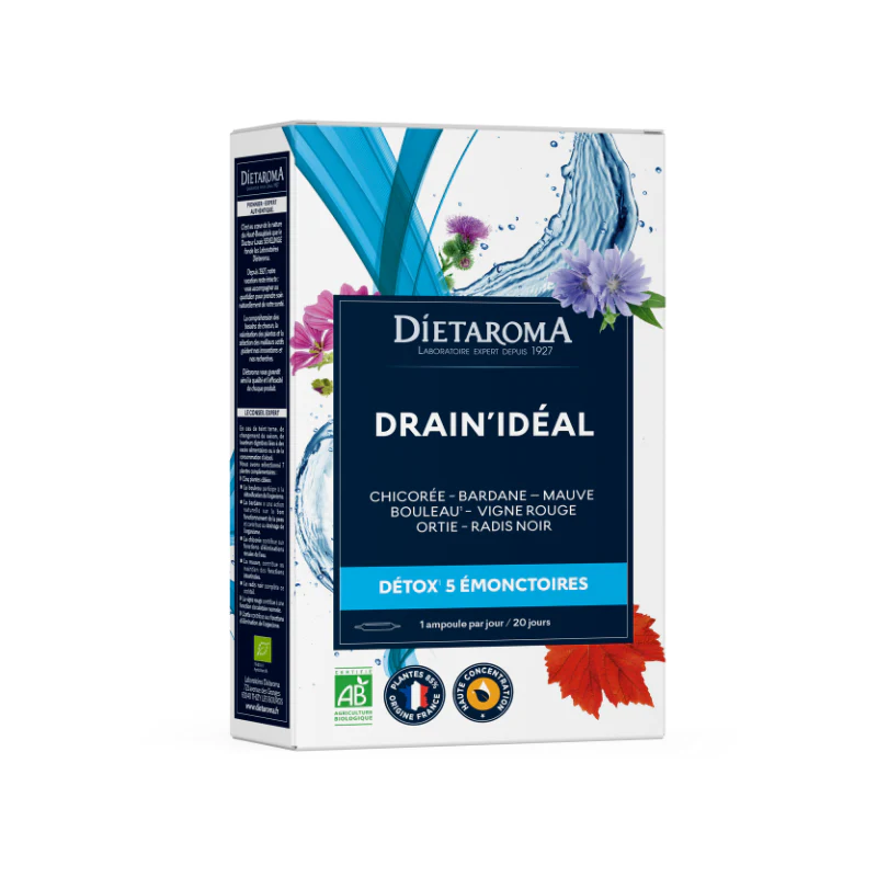Dietaroma Drain Idéal Détox Bio 20 Ampoules 5 Émonctoires Drainage Purification