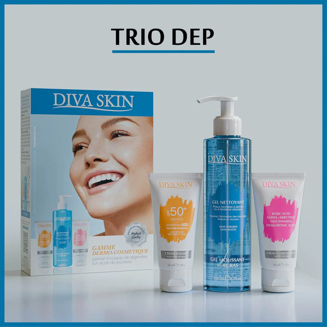 DIVA SKIN Pack Anti-Taches Crème 50ml + Gel Nettoyant 200ml + Écran Solaire Invisible SPF50+ Routine Complète