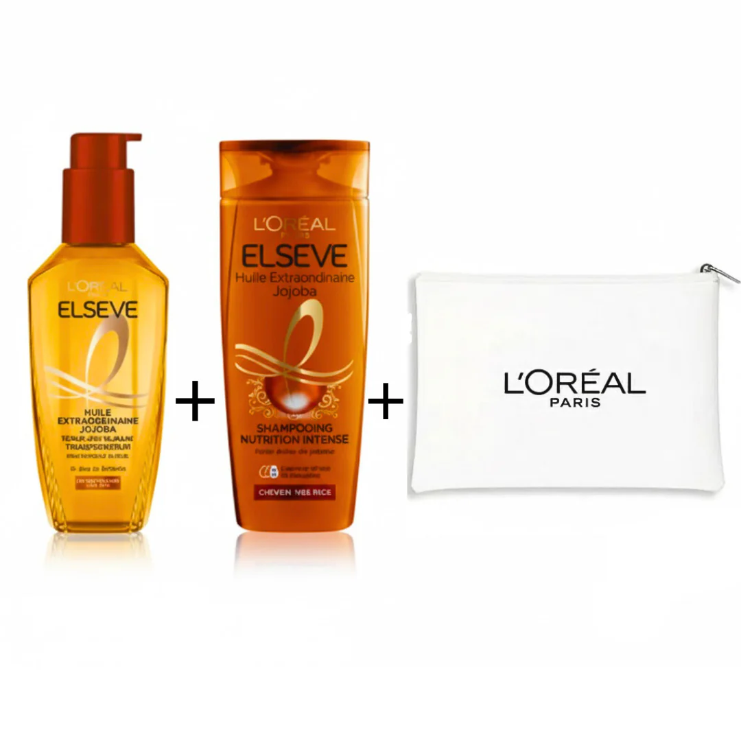 ELSEVE Huile Extraordinaire Jojoba Pack Shampooing 200ml + Trousse Blanche Cadeau Nutrition Cheveux Très Secs