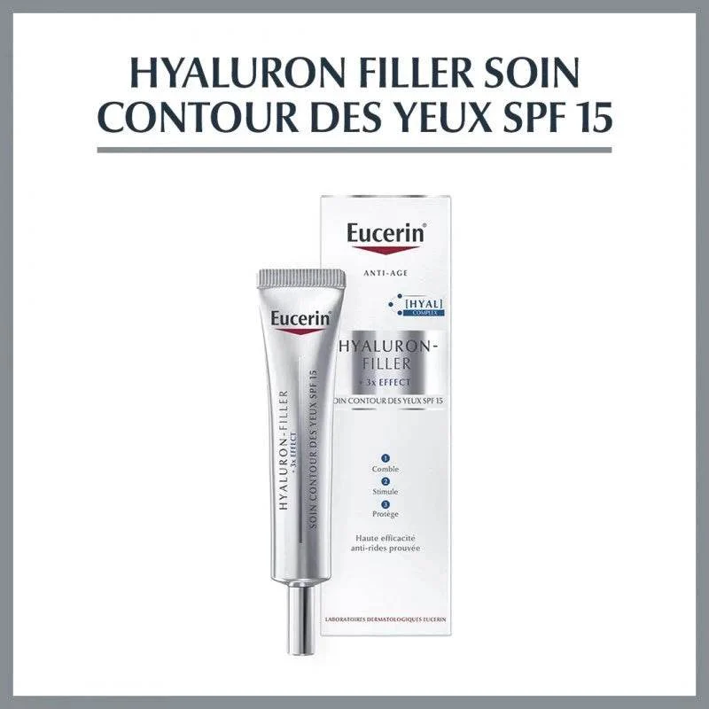 EUCERIN HYALURON-FILLER Soin Contour Yeux SPF15 15ml Anti-Rides Acide Hyaluronique Protection Solaire Testé Ophtalmologiquement