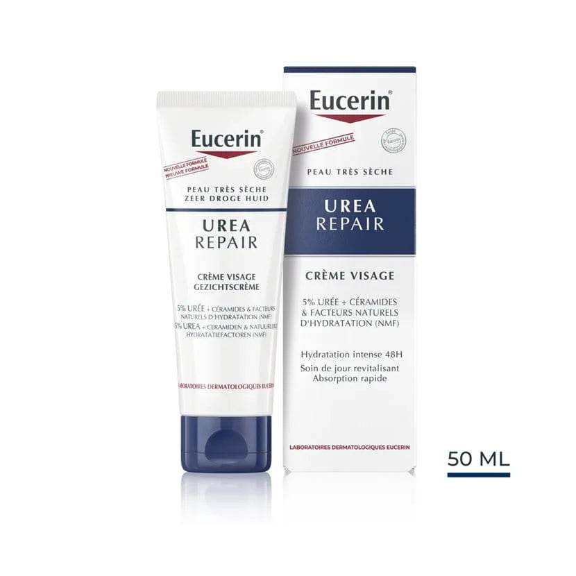 EUCERIN UreaRepair Crème Visage 5% Urée 50ml Soin Intensif Visage Sec Hydratation 24h Apaisement Texture Légère