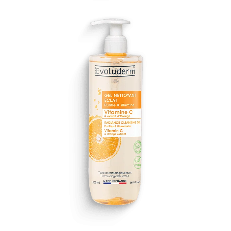 EVOLUDERM Gel Nettoyant Éclat Vitamine C 500ml Purifiant Illuminant
