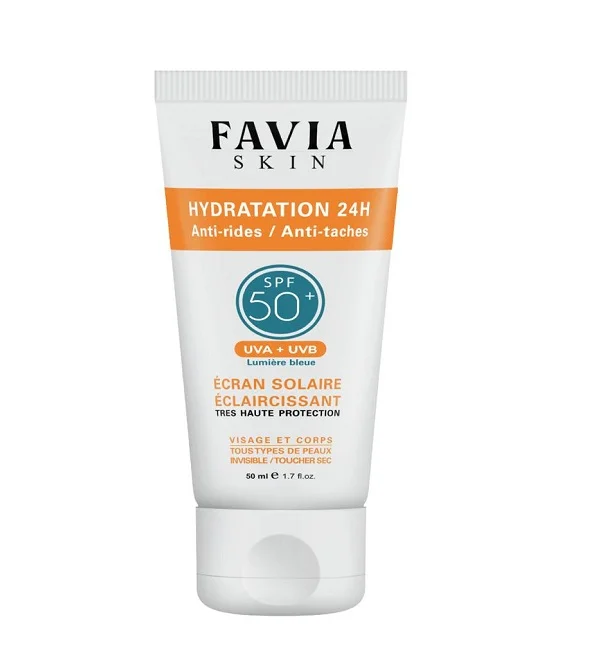 FAVIA DERMATOLOGIE Skin Écran Solaire Éclaircissant SPF50 Hydratation 24H Anti-Rides Anti-Taches 50ml Protection Solaire