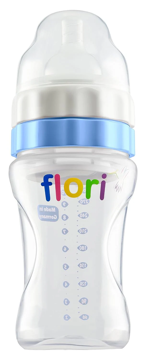 FLORI MIX Biberon 300ml Bleu Biberon Bébé Anti-Colique Débit Réglable Ergonomique Sécurisé