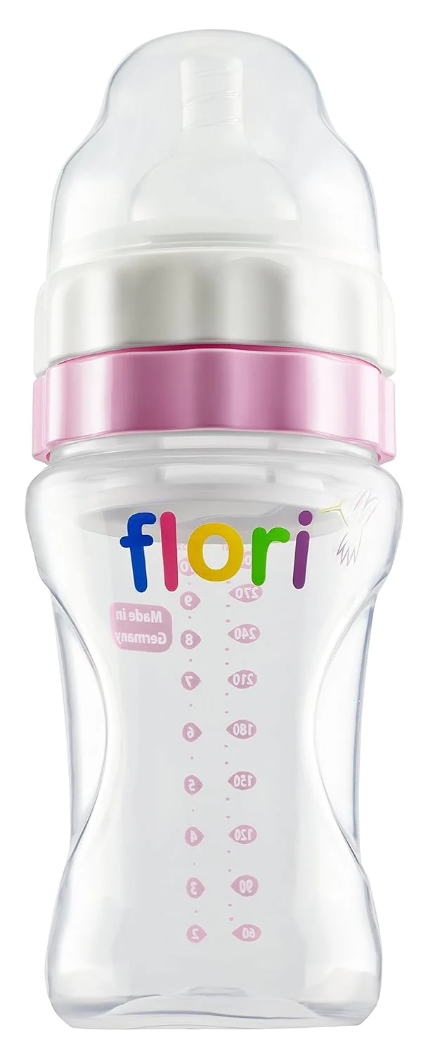 Flori Mix Biberon 300ml Rose Biberon Bébé Anti-Colique Ergonomique Sécurisé