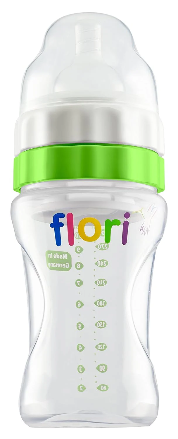 FLORI MIX Biberon 300ml Vert Biberon Bébé Anti-Colique Débit Réglable Ergonomique Sécurisé