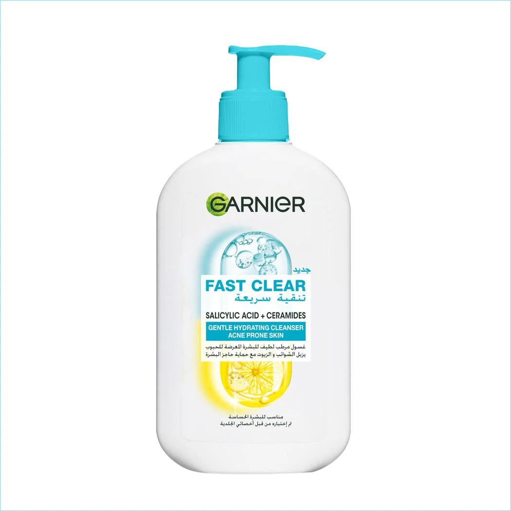 GARNIER SkinActive Fast Clear Gentle Cleanser 250ml Nettoyant Visage Doux Anti-Imperfections Peau Sensible Acné Légère