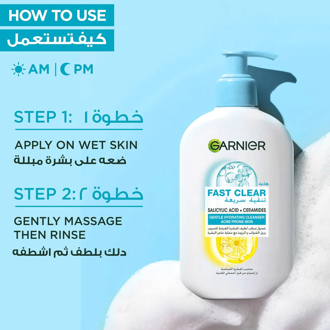 GARNIER SkinActive Fast Clear Gentle Cleanser 250ml Nettoyant Visage Doux Anti-Imperfections Peau Sensible Acné Légère - Image 4
