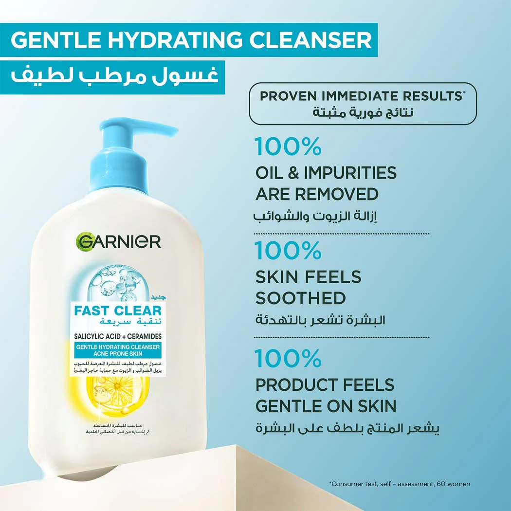 GARNIER SkinActive Fast Clear Gentle Cleanser 250ml Nettoyant Visage Doux Anti-Imperfections Peau Sensible Acné Légère - Image 5