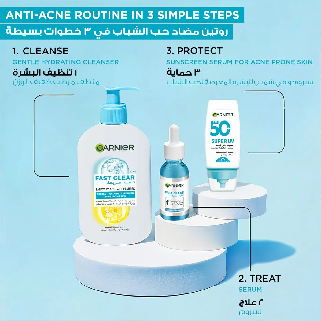 GARNIER SkinActive Fast Clear Gentle Cleanser 250ml Nettoyant Visage Doux Anti-Imperfections Peau Sensible Acné Légère - Image 6