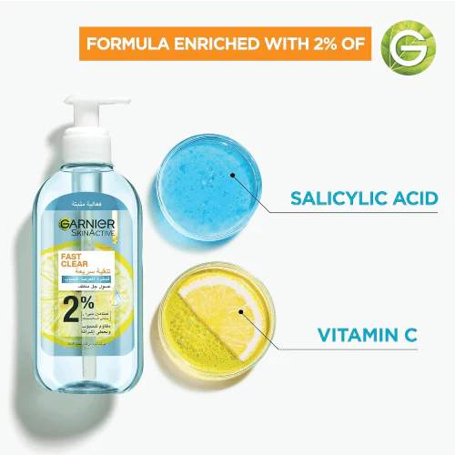 GARNIER Skin Active Fast Clear Gel Nettoyant Moussant Anti-Acné Acide Salicylique Peau Grasse Imperfections Nettoyage Profond 200ml - Image 2