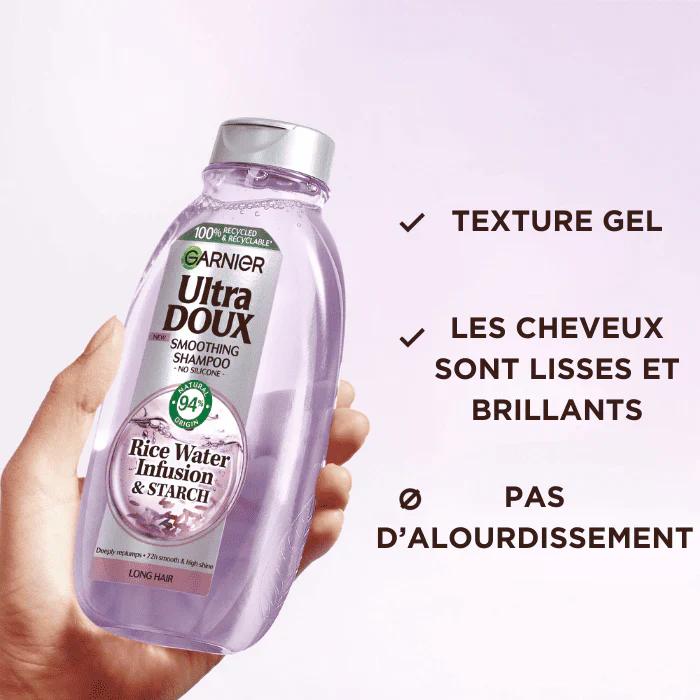 GARNIER Ultra Doux Shampoing Rice Water Eau de Riz Cheveux Fins Dévitalisés Volume Naturel Brillance Nettoyage Doux - Image 3