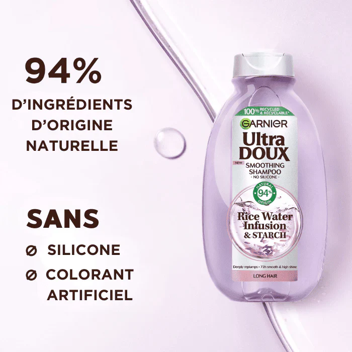 GARNIER Ultra Doux Shampoing Rice Water Eau de Riz Cheveux Fins Dévitalisés Volume Naturel Brillance Nettoyage Doux - Image 4