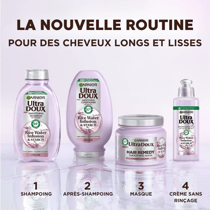 GARNIER Ultra Doux Shampoing Rice Water Eau de Riz Cheveux Fins Dévitalisés Volume Naturel Brillance Nettoyage Doux - Image 8