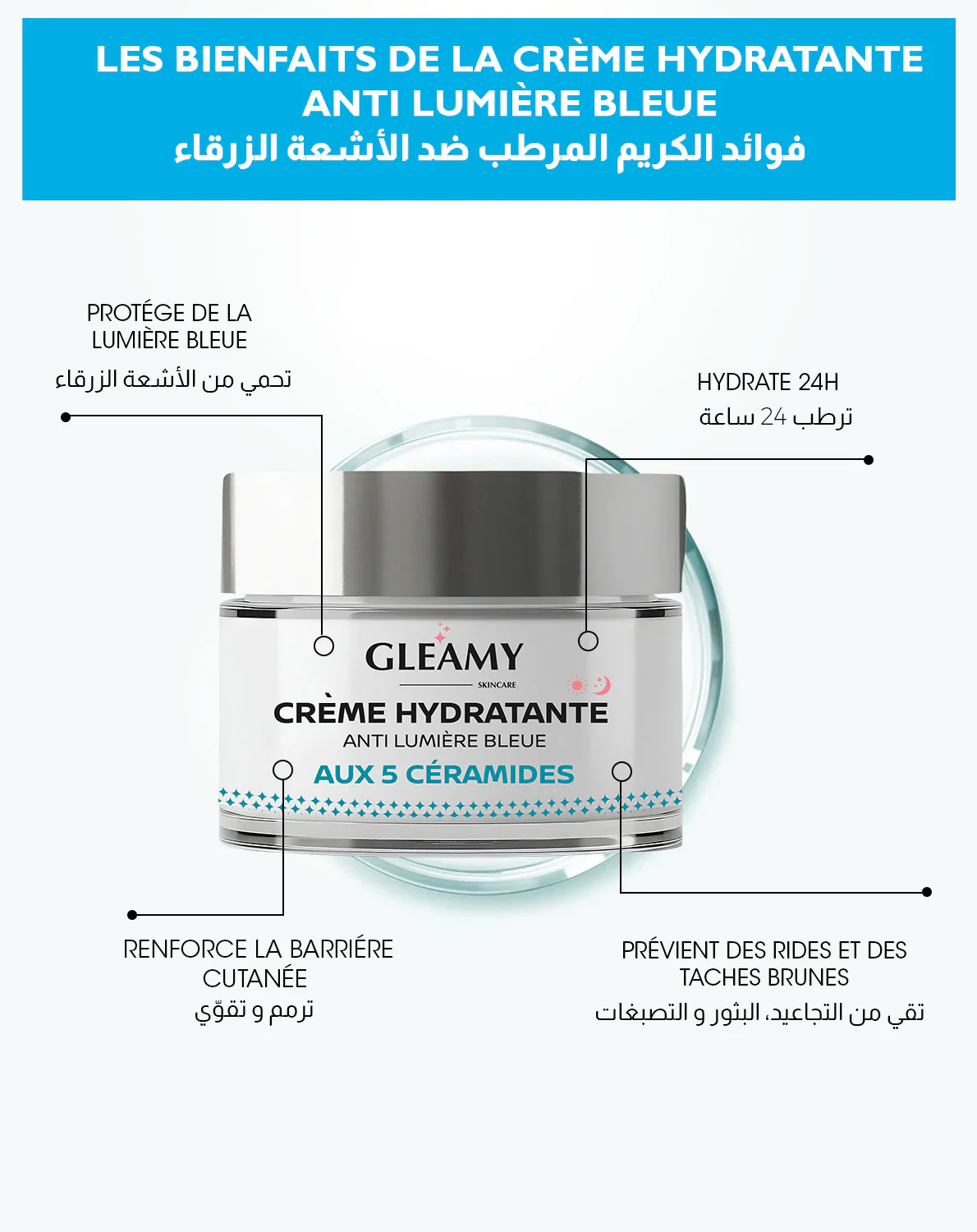 GLEAMY Crème Hydratante Anti Lumière Bleue 50ml Soin Visage Protection Écrans - Image 3