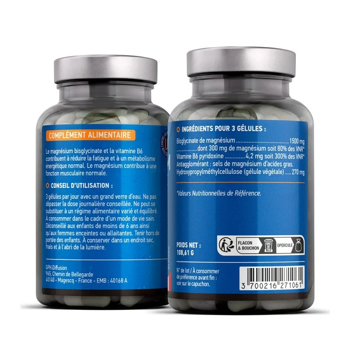 GPH Magnésium Bisglycinate + Vitamine B6 500mg 90 Gélules Complément Alimentaire Anti-Fatigue - Image 2