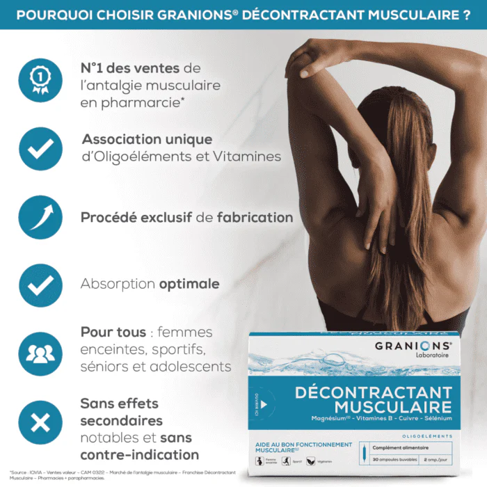 GRANIONS Décontractant Musculaire 30 Ampoules Magnésium Vitamine B6 Crampes Tensions - Image 3