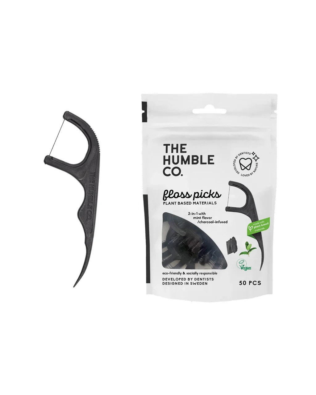 HUMBLE Fil Dentaire Charbon Picks 50 Pièces Bâtonnets Interdentaires Charbon Actif