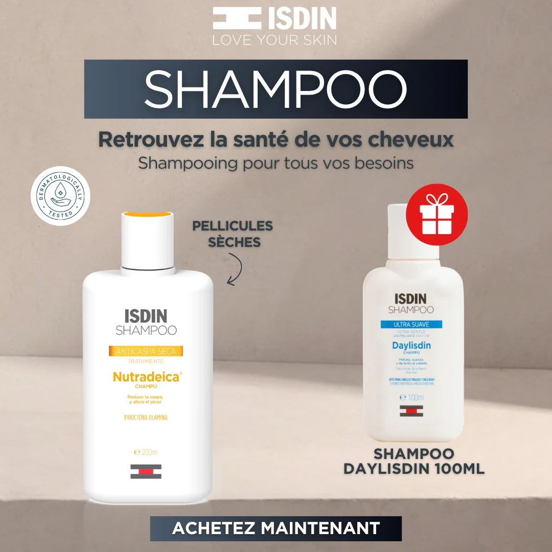 ISDIN Shampooing Nutradeica Dry Dandruff 200ml Anti-Pelliculaire Cheveux Secs Nourrissant Apaisant Cuir Chevelu Équilibré = Shampooing Daylisdin 100ml Offert