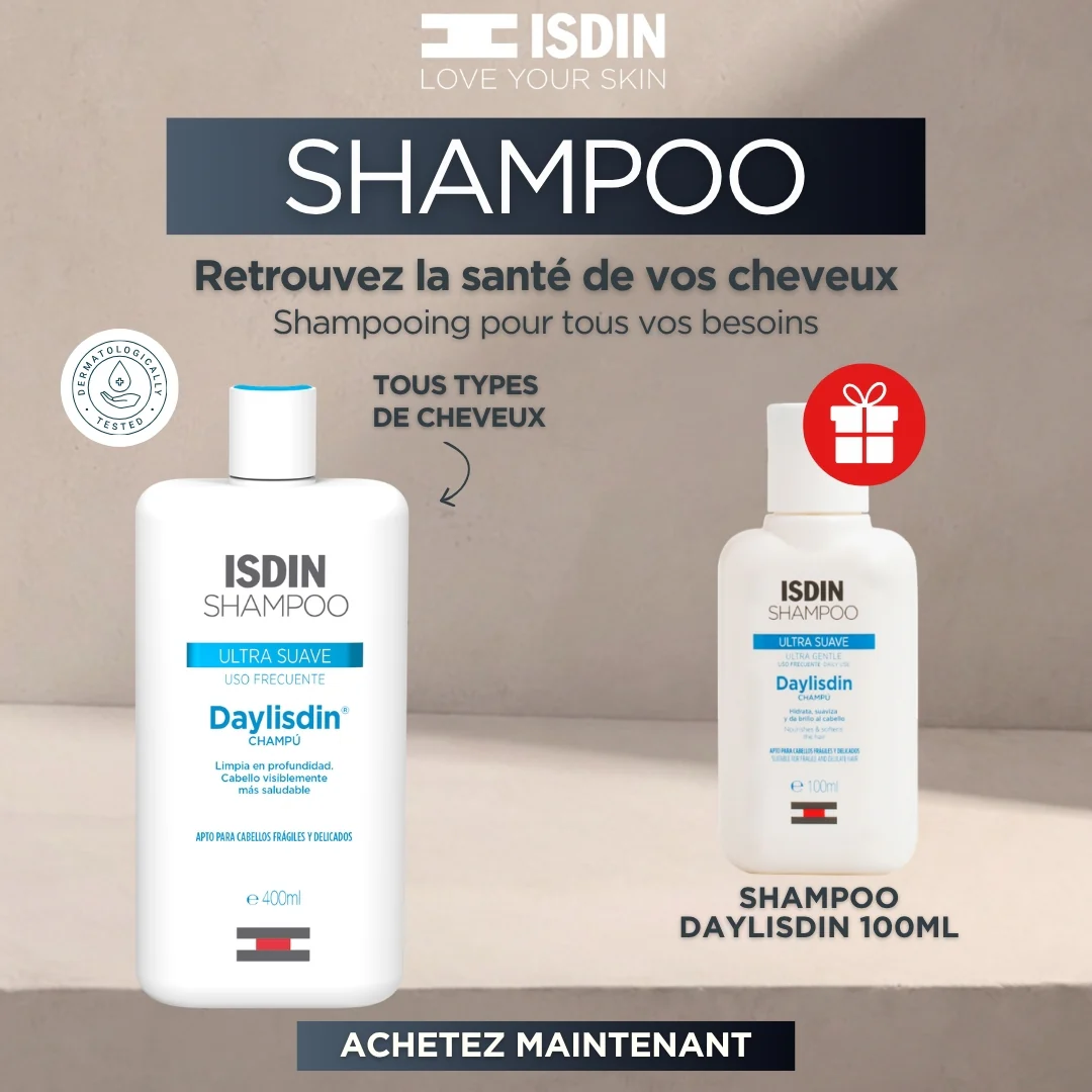 ISDIN Shampooing Daylisdin Ultra Gentle 400ml Cheveux Fragiles Usage Quotidien Douceur Hydratation Éclat = Shampooing Daylisdin 100ml Offert