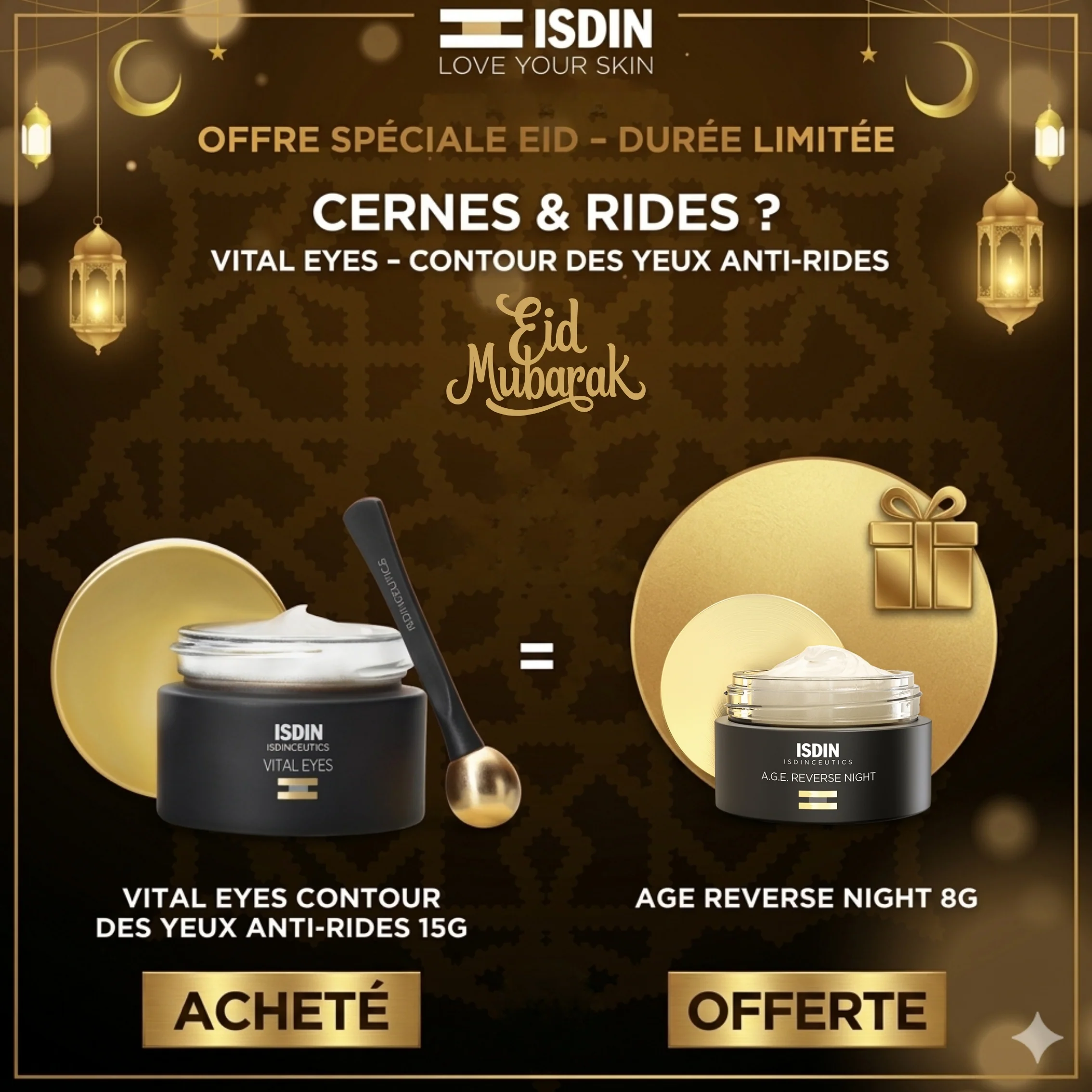 ISDIN Vital Eyes Cream 15g Crème Contour Yeux Réparatrice Mélatonine Anti-Fatigue Regard Reposé Lumineux = Age Reverse Night 8g Offert