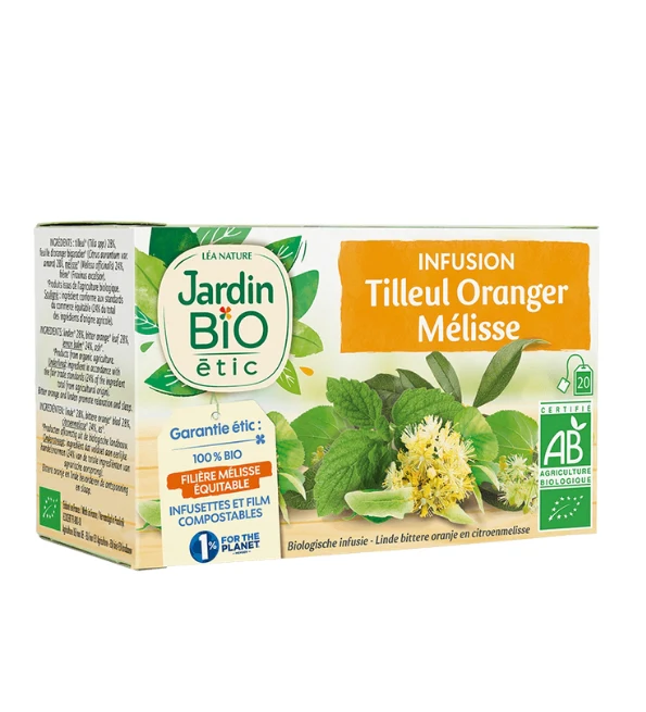JARDIN BIO Infusion Tilleul Oranger Mélisse 20 Sachets Tisane Bio Relaxante Naturelle Bien-Être Sommeil