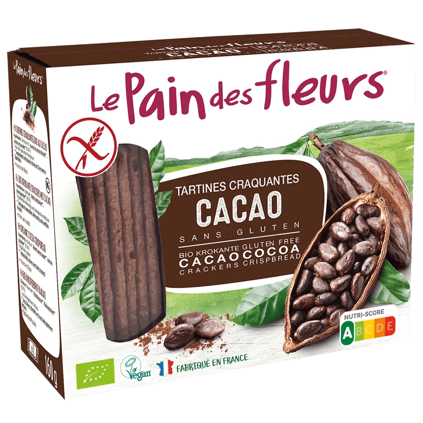 LE PAIN DES FLEURS Tartines Craquantes au Cacao Sans Gluten 150g Bio Vegan Petit-Déjeuner Gourmand Chocolaté