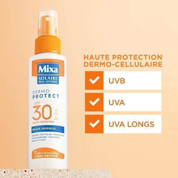 MIXA Solaire Adult Spray Peaux Sensibles SPF30+ 150ml Protection Solaire Haute Tolérance Hypoallergénique Résistant Eau Formule Douce - Image 4